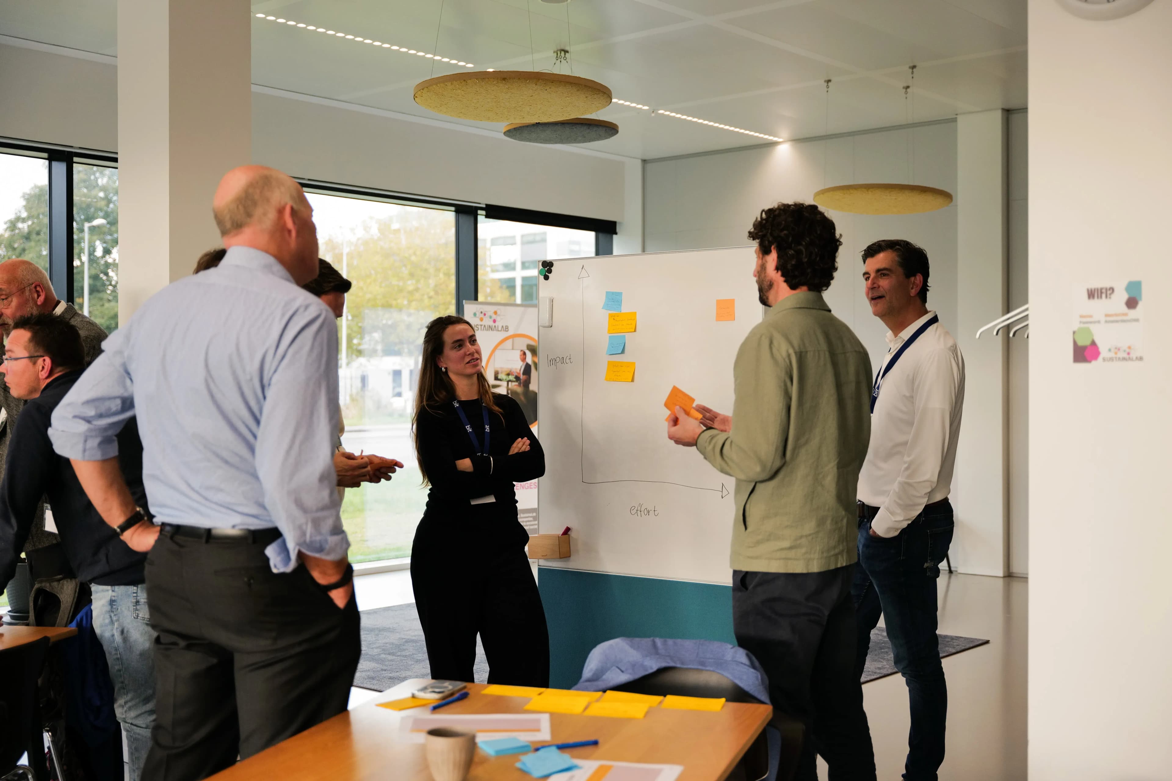 A woman standing next to a whiteboard with sticky notes, surrounded by a group of colleagues listening to her.